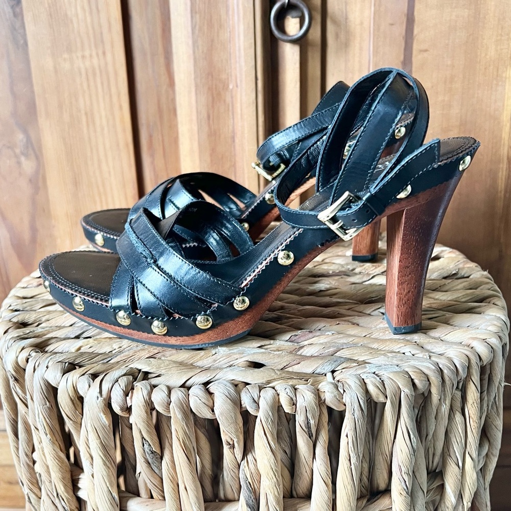 Franco Sarto Black Leather Ankle Strap Wood Heel Sandals Size 10